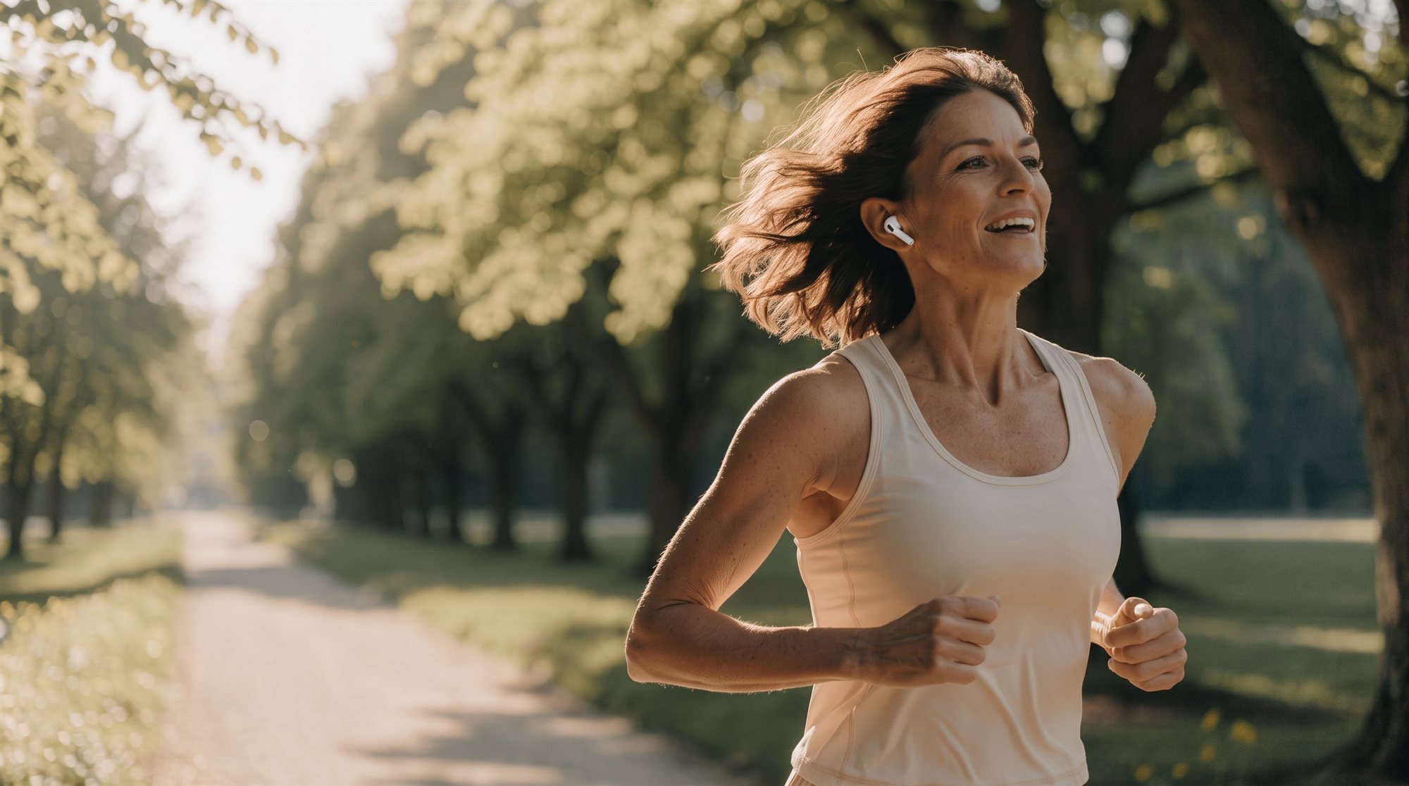 Woman jogging along a tree-lined path in morning light