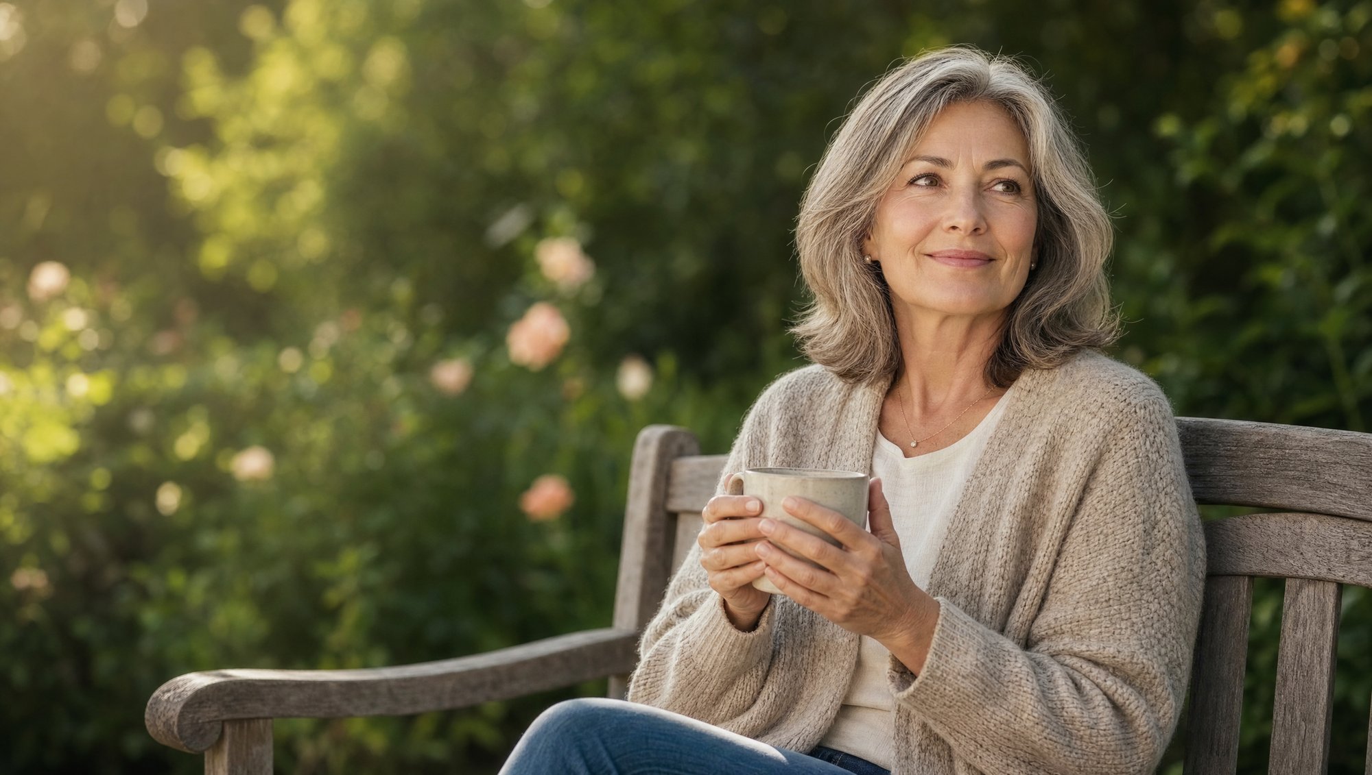 Woman with greying hair holding a mug on a garden bench in morning light