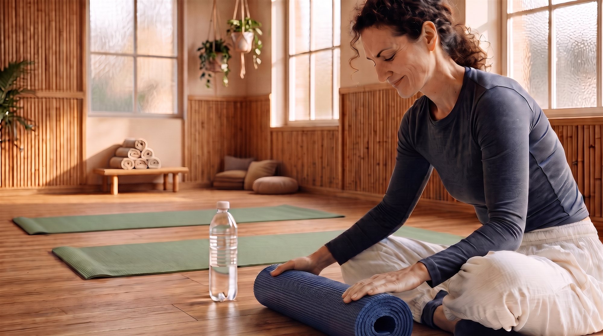 Woman rolling up a yoga mat in a warm, sunlit studio