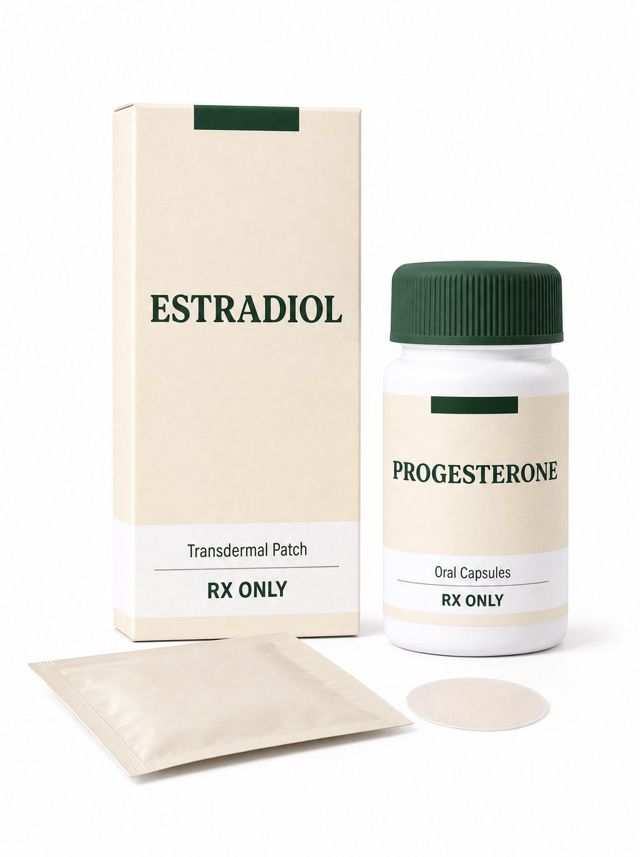 Unbranded estradiol patch carton and progesterone capsule bottle