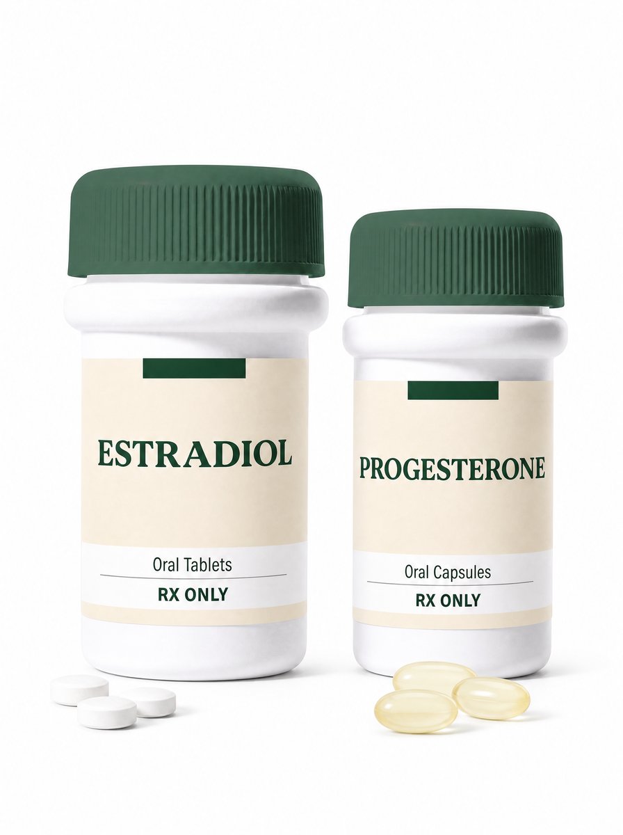 Unbranded estradiol tablet and progesterone capsule bottles